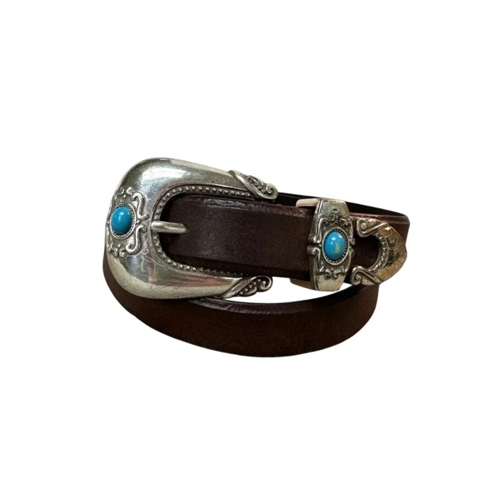 Steve Madden Womens Brown Leather Western Belt Turquoise Silver Buckle SM413 M